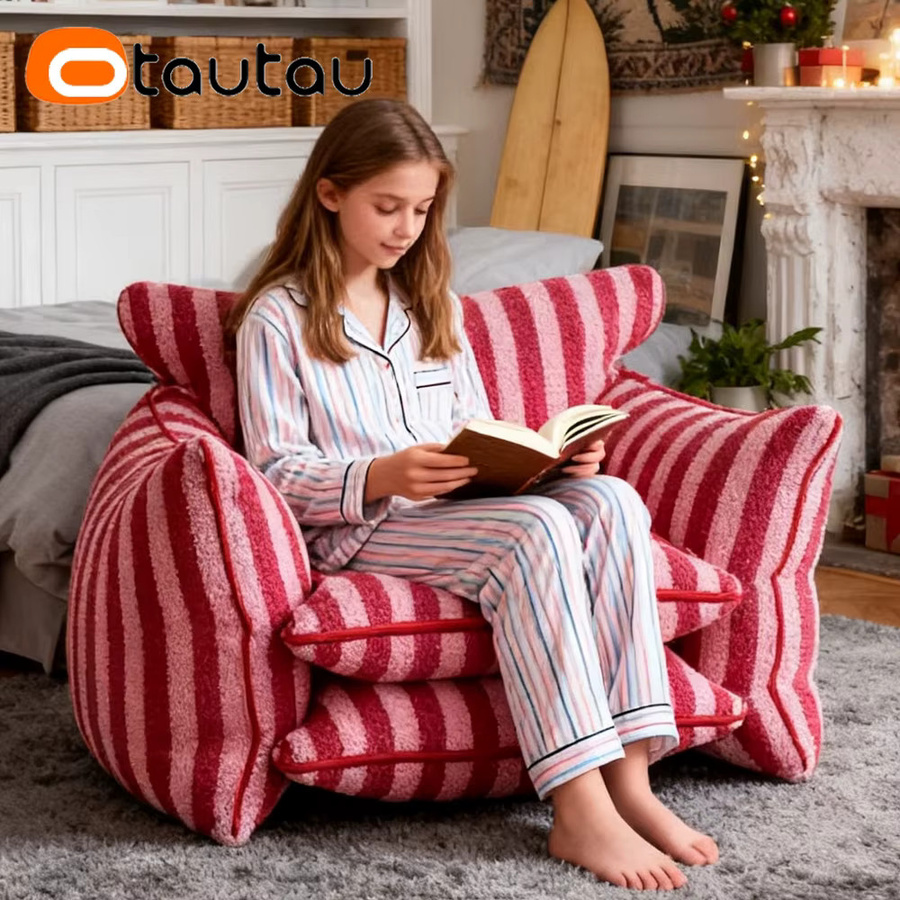 OTAUTAU Faux Fleece Sitzsack Bezug mit Streifen in Pink, Hygge Design, ohne Füllmaterial - Bild 3