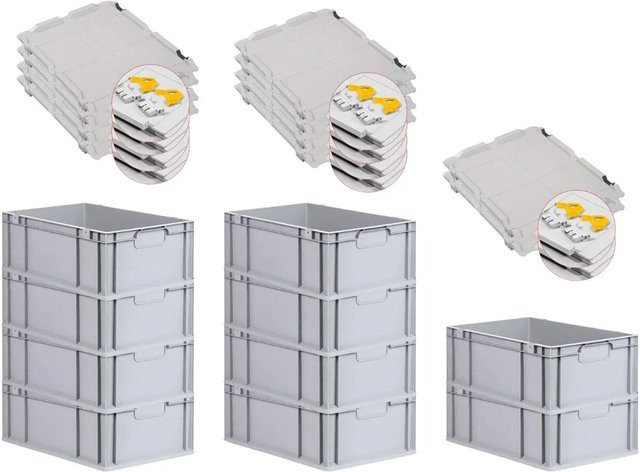 PROREGAL Spar Set 10x Eurobox Nextgen Economy mit Scharnierdeckel und gelben Schiebeschnappverschlüssen, Grau/Gelb, H x B x T: 22 x 40 x 60 cm, 44 Liter - Bild 1