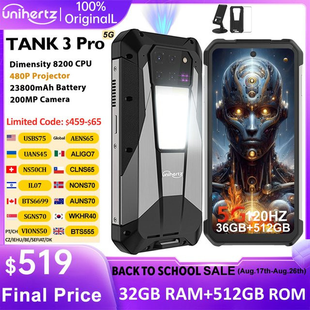 Unihertz Tank 3 Pro 5G Smartphone mit 200 MP Kamera, 512 GB ROM, 36 GB RAM und 120 Hz Projektor in Schwarz - Bild 1