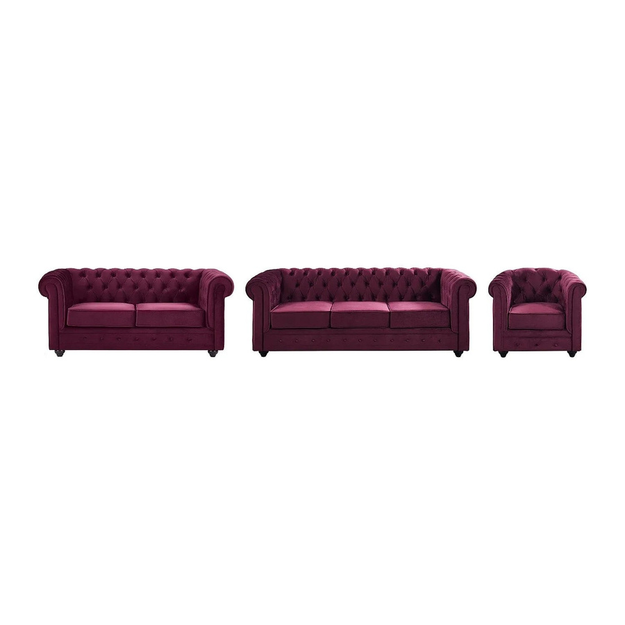 Vente-unique Chesterfield Couchgarnitur aus Samt in Bordeaux mit 3-Sitzer Sofa, 2-Sitzer Sofa und Sessel, B/T/H: 165 x 82 x 205 cm - Bild 2