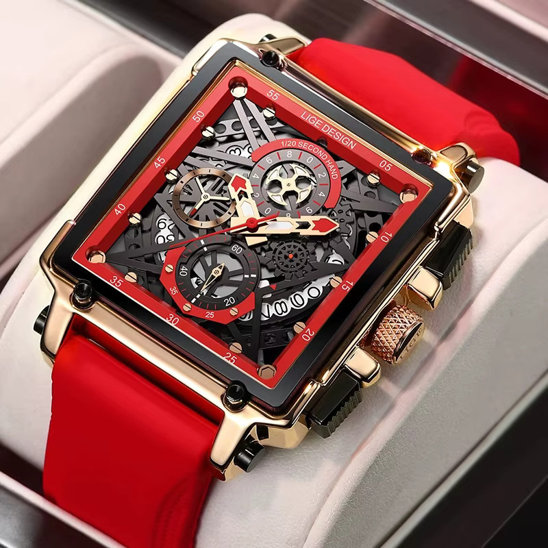 LIGE Chronograph, Quarz, Edelstahl, Silikon, Eckig, Weiß, Herren - Bild 4