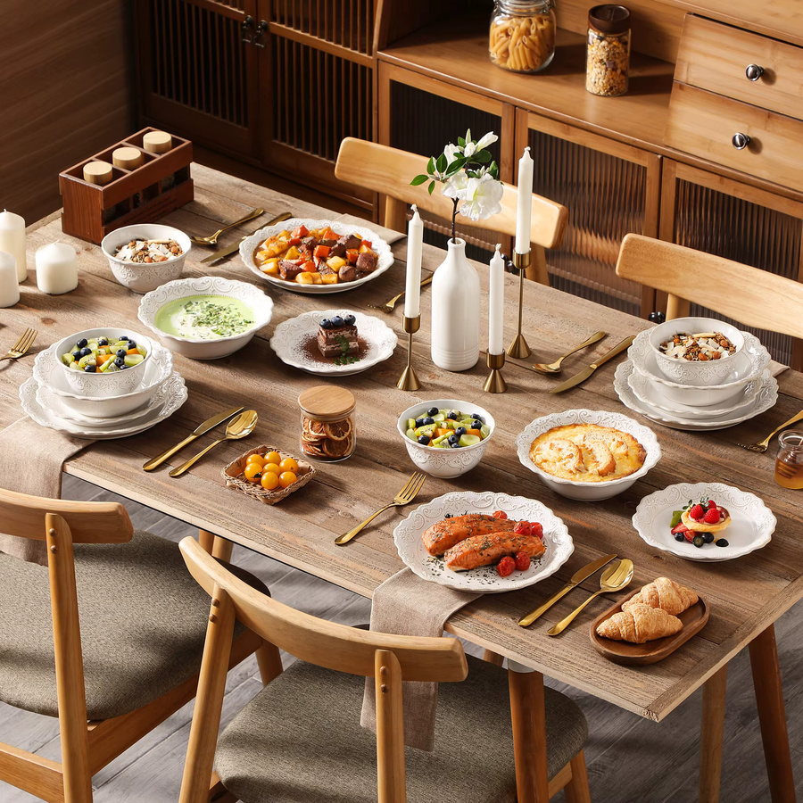 MALACASA Geschirrset aus weißem Steinzeug mit Relief-Design, 16/32-teiliges Dinner-Service Set bestehend aus Speisetellern, Desserttellern, Müslischalen und Suppenschüsseln, Farbe: Weiß - Bild 5