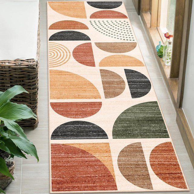 LjqTwelve Minimalistischer geometrischer Flurteppich in Beige, rutschfester und waschbarer Küchenläufer aus Polyester, B/T: 40 x 120 cm - Bild 1