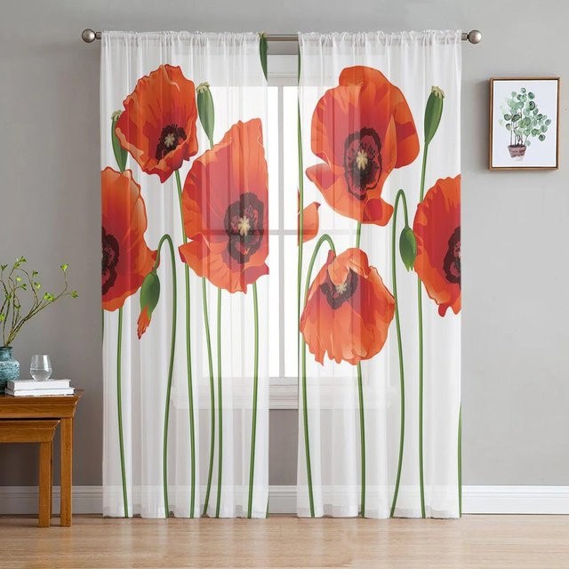Transparenter Voile-Tüll-Vorhang mit floralem Mohn-Blumenmuster von A Family Of Home Textiles in Braun, Breite: 135 cm, Höhe: 114 cm - Bild 1