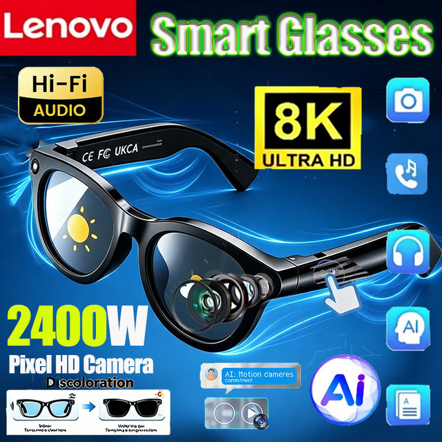 Lenovo 8K 2400MP Smarte KI-Sonnenbrille in Schwarz für Damen und Herren mit Freisprechfunktion, KI-Chat, KI-Übersetzung und Musikwiedergabe - Bild 1