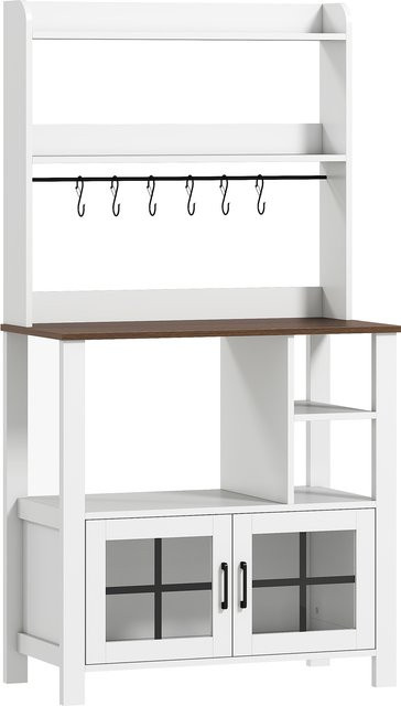HOMCOM Küchenschrank in Weiß mit 2 Glastüren, offenen Regalen und 6 Tassenhaken, B/T/H: 80 x 40 x 152 cm, Aosom - Bild 1