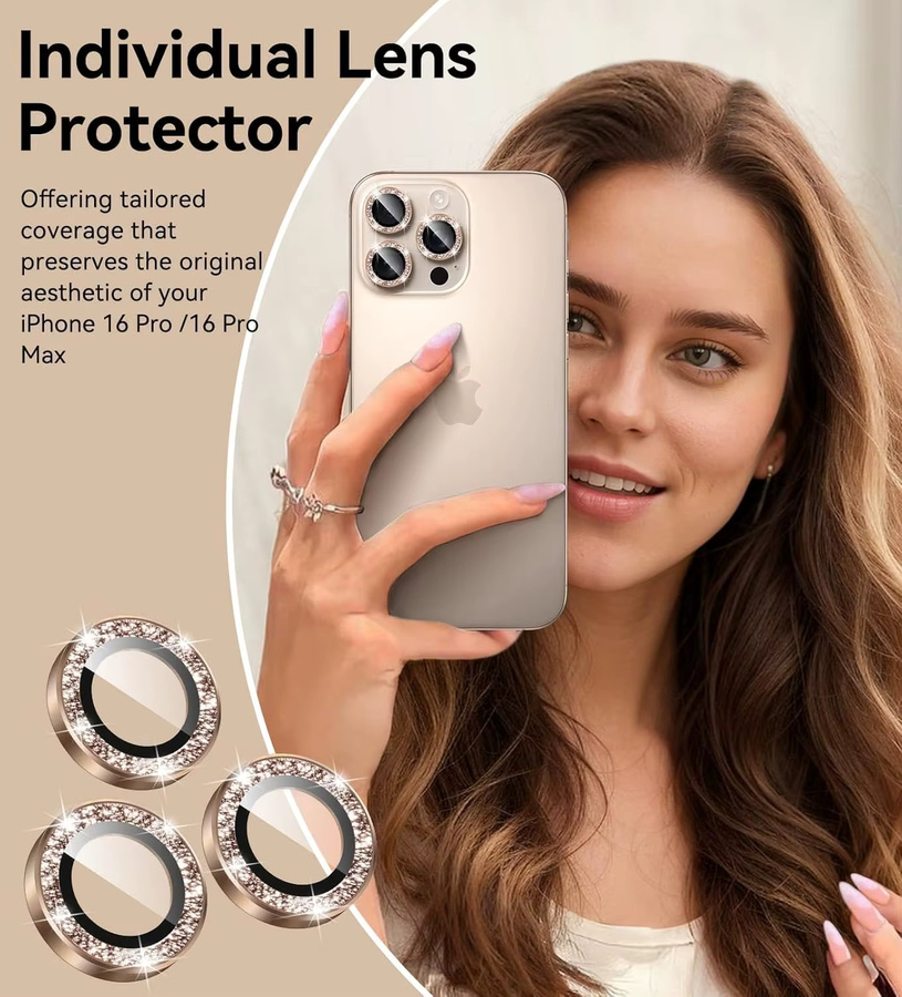 Kameraobjektivschutz Set für Apple iPhone 17-11 Pro Max mit Glitzer-Metallrand aus gehärtetem 9H HD Glas in Wüstentitan-Gold - Bild 2