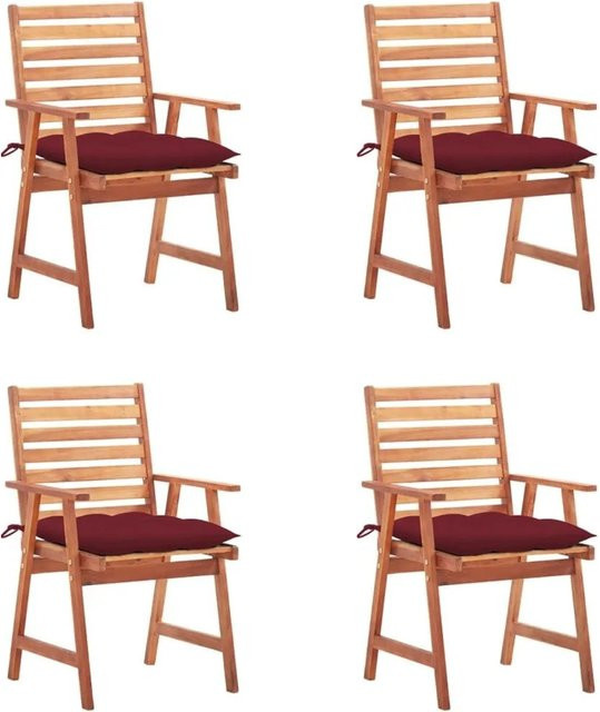 vidaXL Garten-Essstühle Set aus 4 Stück aus Akazienholz mit Kissen in Braun und Rot im rustikalen Lattendesign - Bild 1