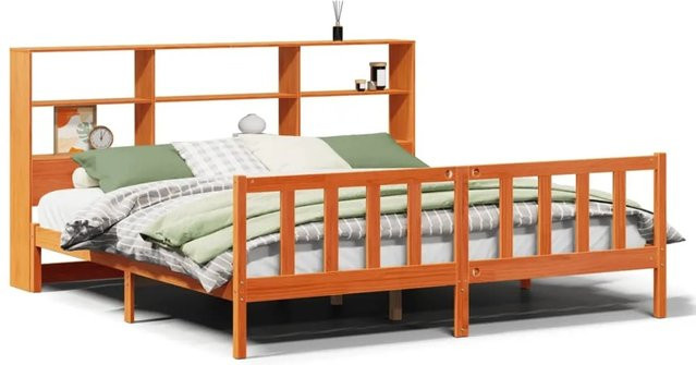 vidaXL Massivholzbett aus Kiefernholz mit Kopfteil und Regal in Wachsbraun, B/T: 200 x 200 cm - Bild 1