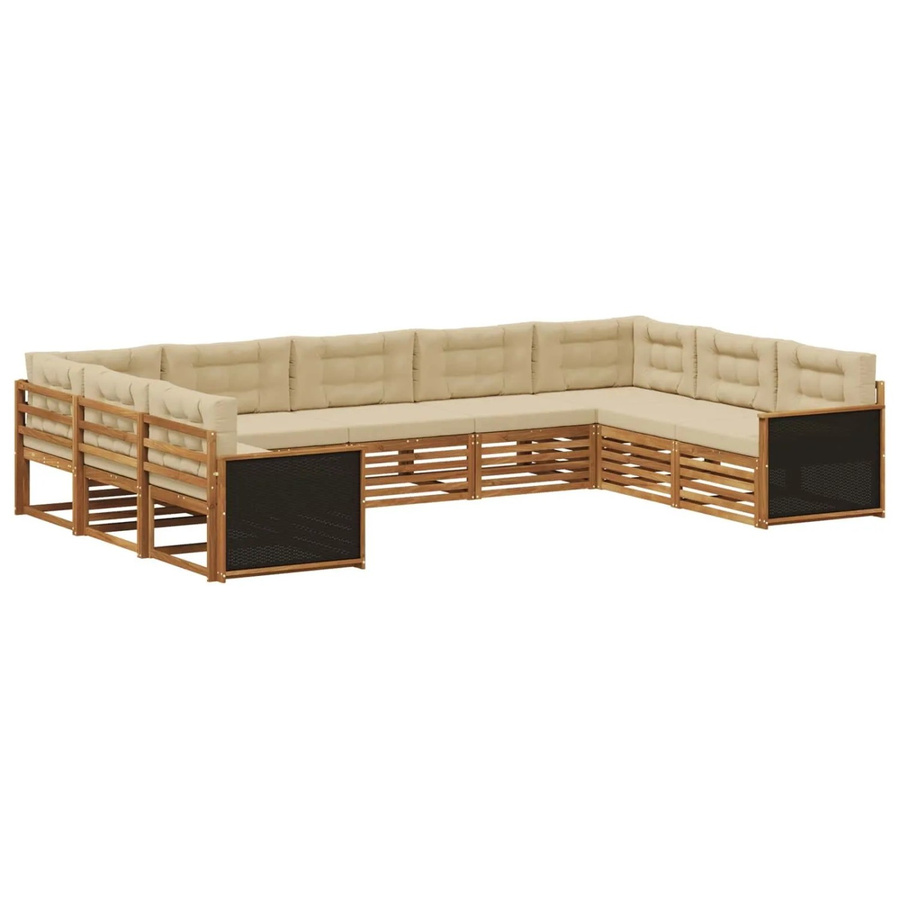 vidaXL Outdoor-Sofagarnitur aus Akazie Massivholz in Natur und Beige, 9-teiliges U-Form Set mit Polstern und Kissen - Bild 2