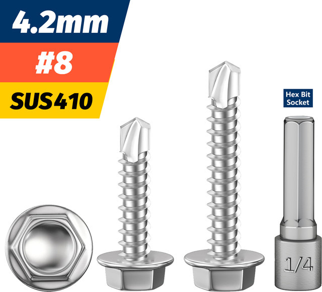 SANJODS Selbstschneidende Blechschrauben aus 410 Edelstahl mit Sechskant-Unterlegscheibenkopf in Silber, M4.2 x 8 mm - Bild 1