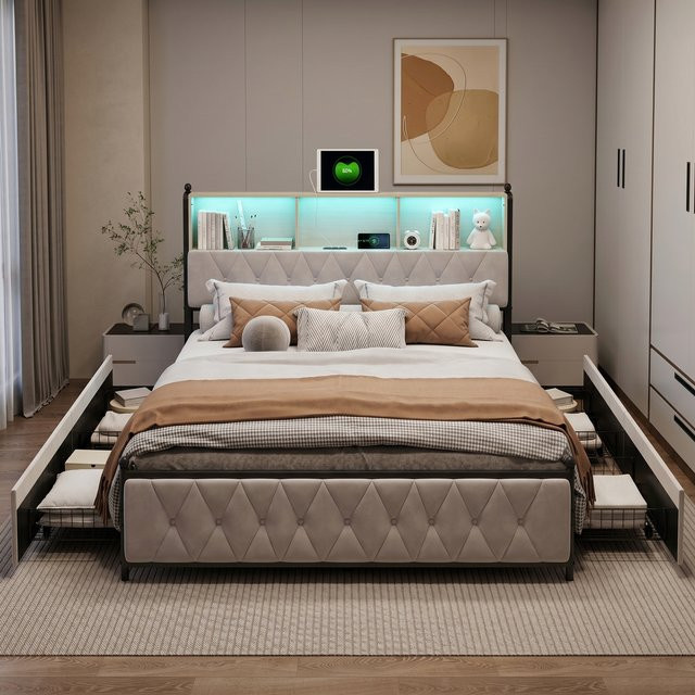 Anajqaqia Polsterbett aus Samt in Beige mit 4 Schubladen, LED-Beleuchtung und USB-Ladefunktion, B/T/H: 140 x 200 cm - Bild 1