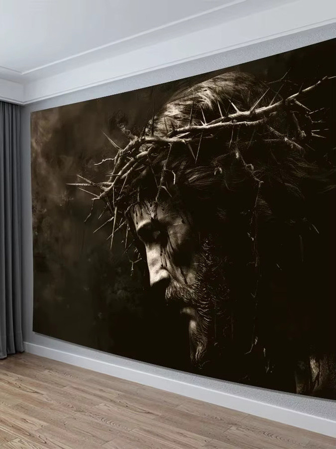 VIKAMA Religiöser Wandteppich Jesus mit Dornenkrone im Retro Vintage Stil zur Wanddekoration - Bild 4