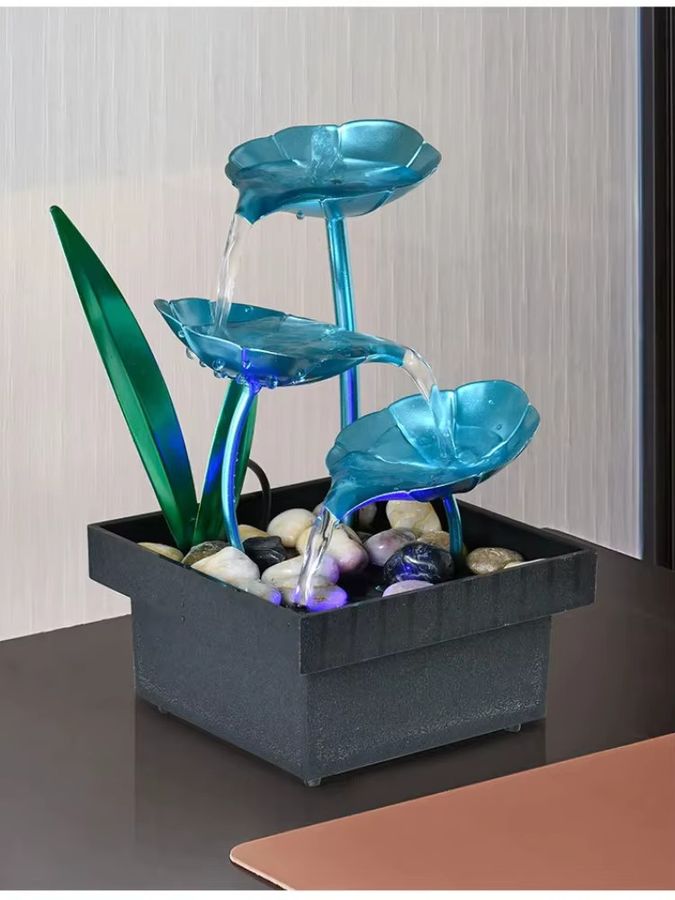 MINIDEAL Tischbrunnen für den Schreibtisch mit 3-stöckigem Wasserfall, blaues Lotusblatt und LED-Licht, USB-Betrieb - Bild 6