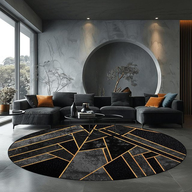 Runder Teppich BC-Warm Home in Schwarz mit geometrischem Design, rutschfest und waschbar, Durchmesser: 40 cm - Bild 1
