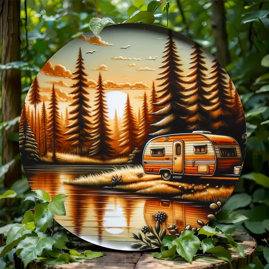 Rundes Wandkunst-Dekorschild aus Metall von Potdemiel im Vintage-Campingszenen-Design, Mehrfarbig, Durchmesser: 20,3 cm - Bild 4