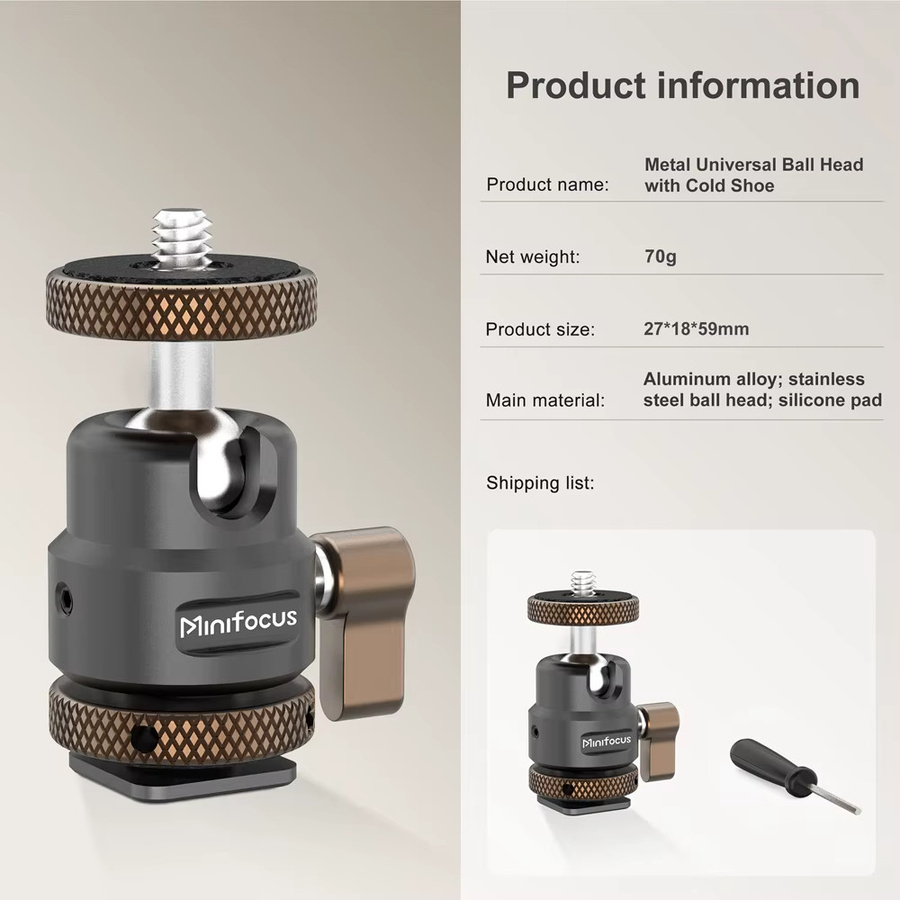 Minifocus Kamera Blitzschuhhalterung mit 360-Grad-Kugelkopf und 1/4 Zoll Schraube, Stativadapter für Kamera-Monitor, Video und LED-Licht, Schwarz - Bild 4
