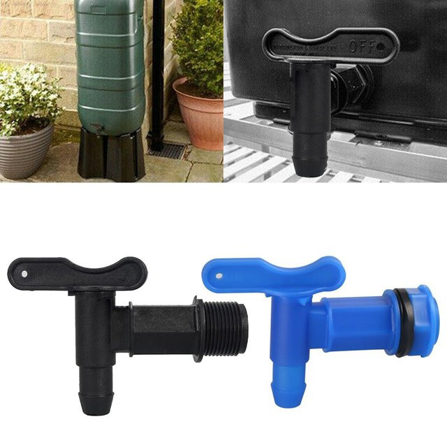 Blauer Kunststoff-Wasserhahn für IBC-Fässer und Regentanks mit Schlauchanschluss - Bild 1