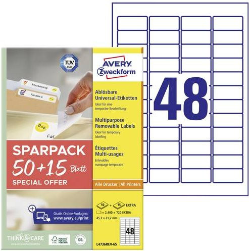 Avery Zweckform L4736REV-65 Universal-Etiketten Weiß, 65 Blatt, Wiederablösbar, Papier, 45,7 x 21,2 mm - Bild 1