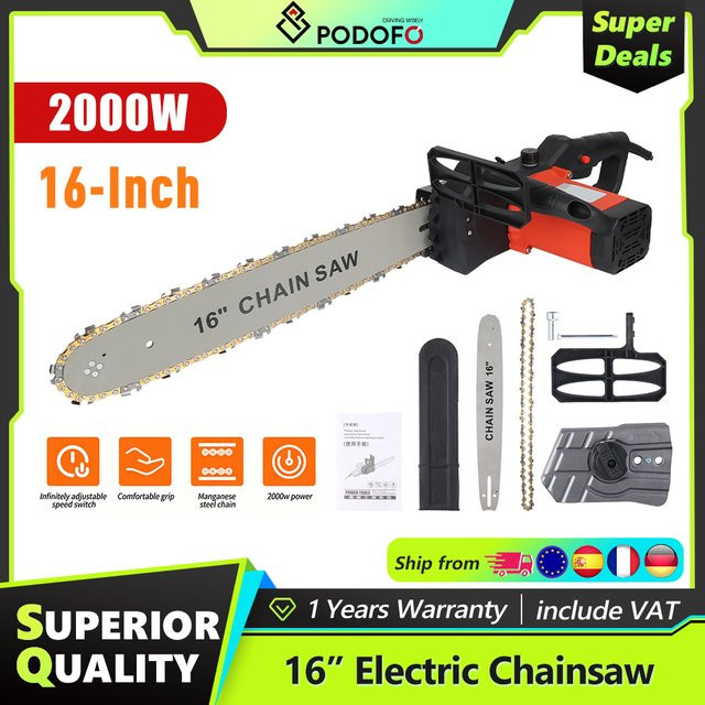 Podofo Elektrische Kettensäge 2000W mit 16-Zoll-Großkette und Kabel für die Holzbearbeitung und als Gartenwerkzeug - Bild 1