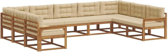 vidaXL Outdoor-Sofagarnitur aus Akazienholz in U-Form, 9-teiliges Set in Natur und Beige mit Kissen und Armlehnen - Bild 1