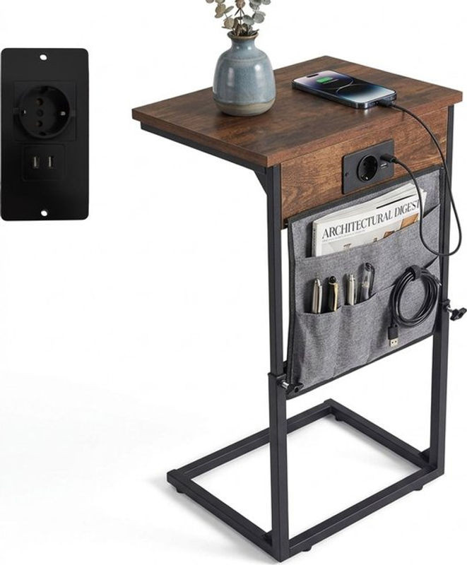 Relaxdays Beistelltisch in Industrial-Optik mit Ladefunktion und Stauraum, höhenverstellbar, C-Form, Braun/Schwarz/Grau, B/T/H: 40,5 x 30,5 x 45–84 cm - Bild 1