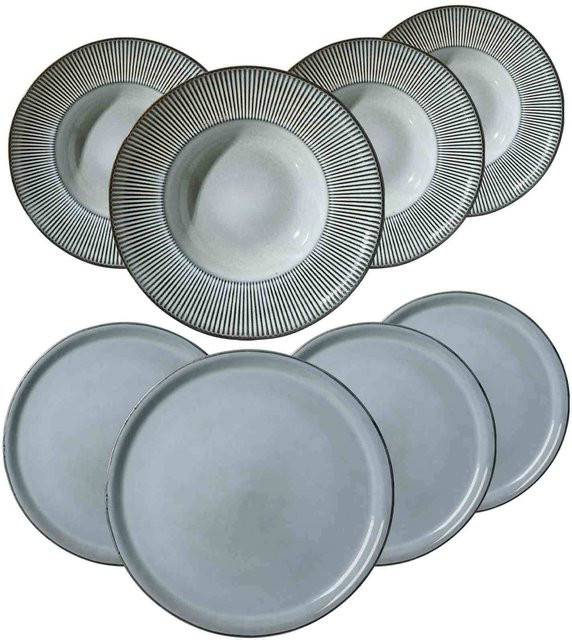 Ritzenhoff & Breker Pizza & Pasta Set Salerno Dinner Service 8er Set in Grau und Weiß mit Streifenmuster - Bild 1