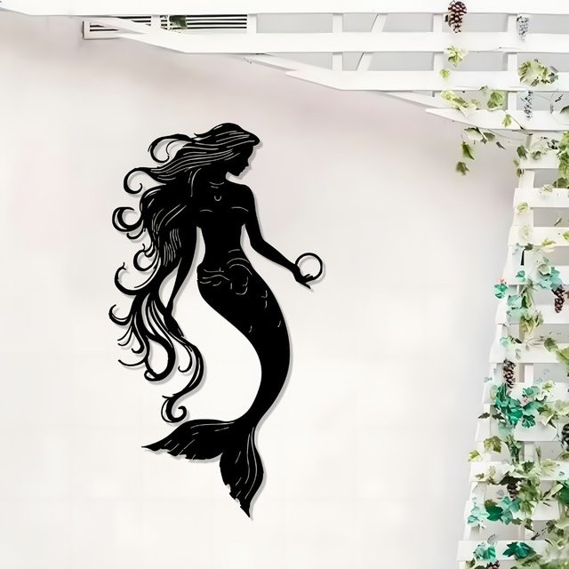 CIFBUY Meerjungfrau Metallwandkunst in Schwarz, Witterungsbeständige Eisenskulptur für Garten und Schlafzimmer mit maritimen Motiven - Bild 1