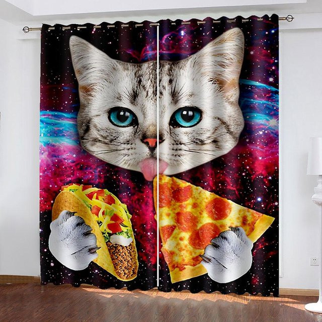Yiran Furniture Personalisierbare Vorhänge mit Katzen-Motiv im 3D-Digitaldruck, Set aus 2 Stück, Semitransparent, Mehrfarbig, Breite: 65 cm, Höhe: 60 cm - Bild 1