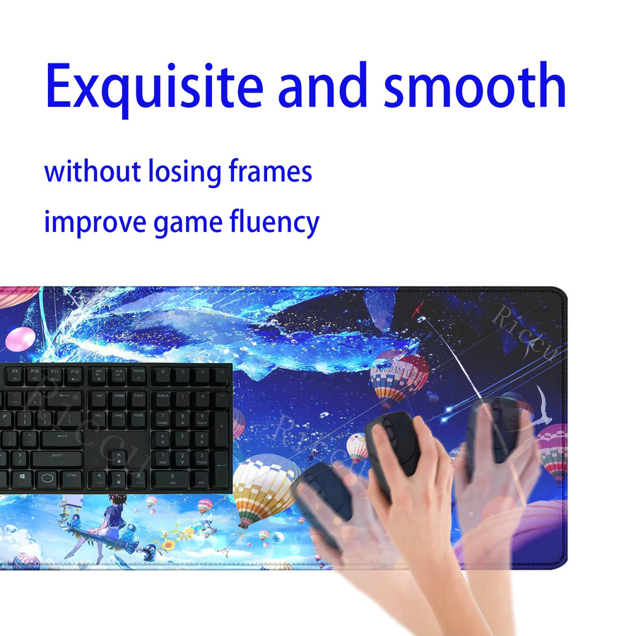 Riccu XXL Gaming-Mauspad mit Anime-Landschaft in Blau und Weiß, rutschfeste Schreibtischunterlage mit HD-Druck - Bild 3