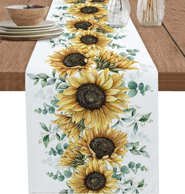 JMG Household Supplies Tischläufer aus Leinen mit Eukalyptusblättern und Sonnenblumen in Beige, Grün und Gelb, B/H: 150 x 33 cm - Bild 1