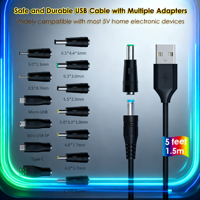 OBHO USB auf DC Ladekabel Schwarz mit 13 DC-Steckeradaptern, 1,5 m Länge, 5 V, 5,5 x 2,1 mm Klinke für Telefon, BT-Lautsprecher und Router - Bild 1