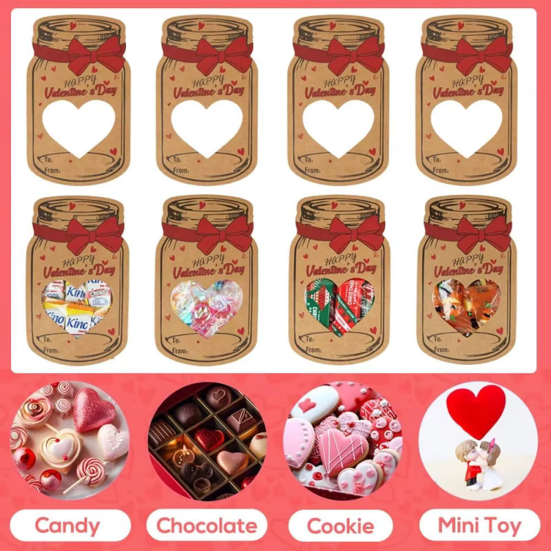 24 Stück Valentinstagskarten in Blau aus Kraftpapier mit Herzfenster und Leckerlibeuteln im Einmachglas-Design als personalisiertes Geschenk - Bild 4