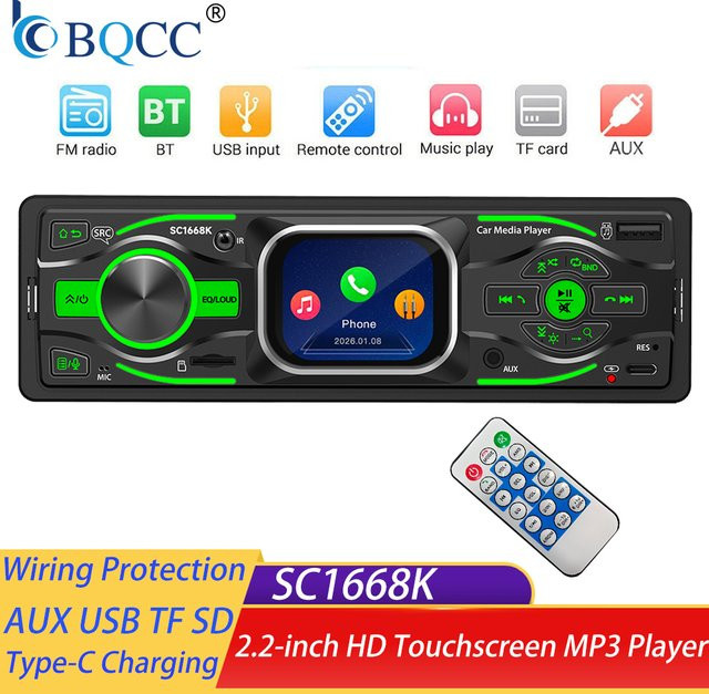 BQCC 1Din MP3 Autoradio-Player Stereo mit Bluetooth 6.0, FM, Aux, SD, TF, USB-C und Sprachsteuerung in Schwarz - Bild 1