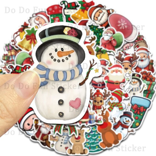 50 Stück Weihnachts Aufkleber Set mit Cartoon Motiven wie Santa Claus, Schneemann und Elch zur Dekoration von Büchern, Telefonen und Gepäck in Multicolor - Bild 1