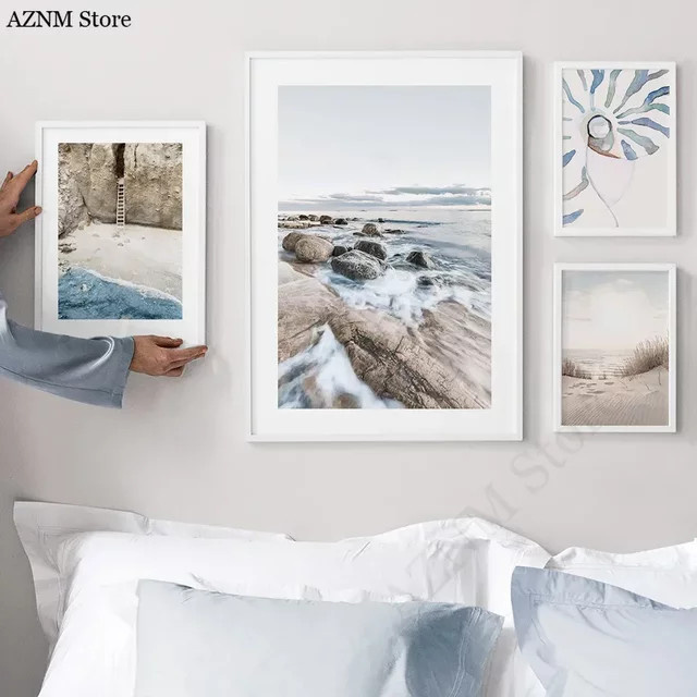 Potdemiel Leinwandgemälde Maritimes Motiv mit tropischem blauem Meer, weißem Sand und Leuchtturm in Blau und Weiß - Bild 1