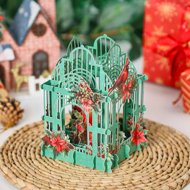 Weihnachtsstern 3D Box Mosailles mit Cardinalis Vogel in Grün, Vintage Papier-Dekoration mit Sternen und floralen Elementen - Bild 4