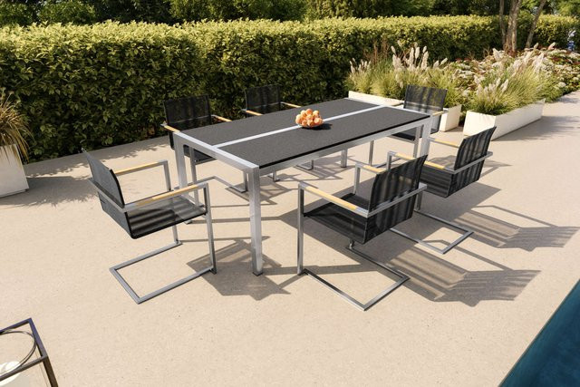 OUTFLEXX Gartenessgruppe aus Edelstahl, FSC-Teakholz und Rope in Schwarz/Silber mit Tisch und 6 Freischwingern, witterungsbeständig, Tisch Breite: 200 cm, Tiefe: 100 cm - Bild 1