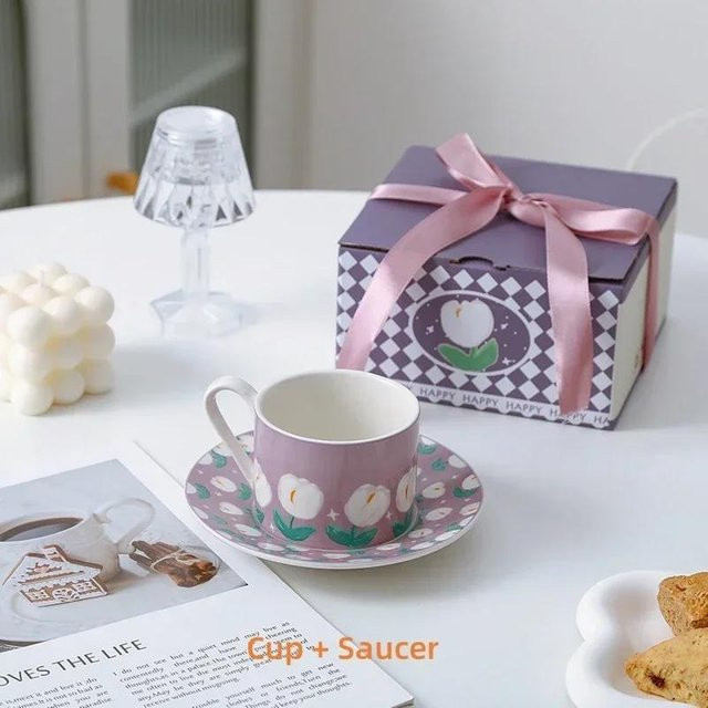 Bestbags Tulpen Kaffeetassen und Untertassen Set aus Keramik mit floralem Design, grau, 201-300 ml - Bild 1