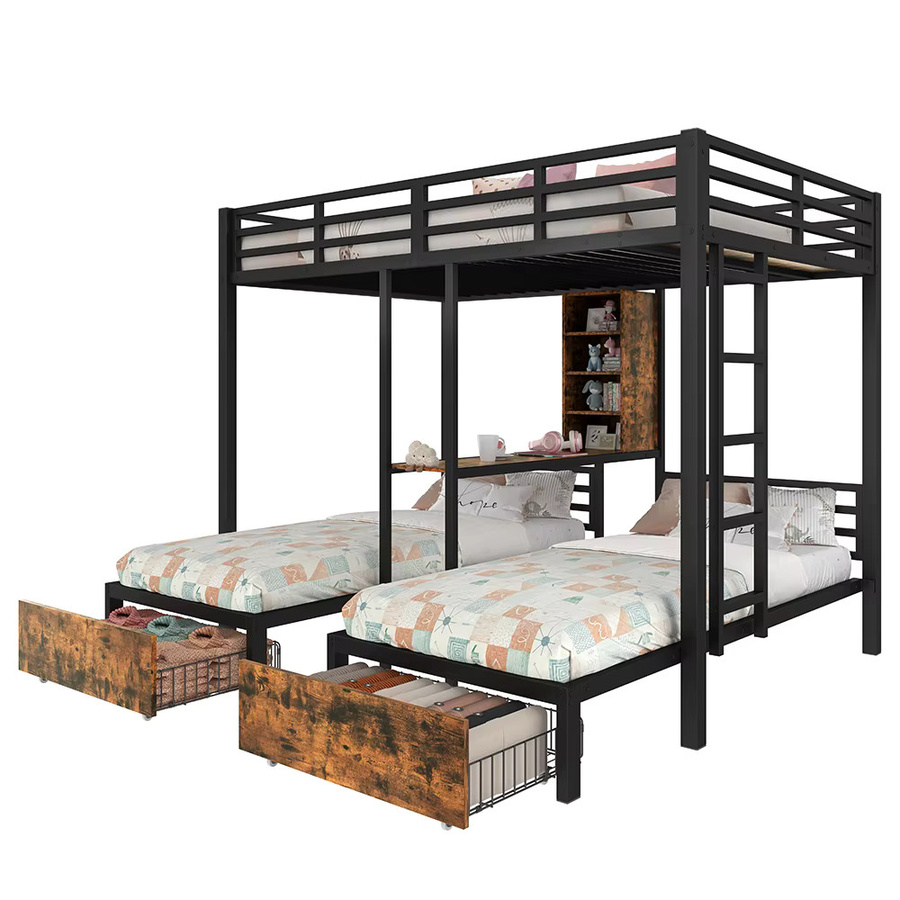 KOMHTOM 3-in-1 Etagenbett für 3 Personen aus Metall mit Seitengittern, Staufächern, 2 Schubladen und Regalen, Schwarz, B/T/H: 140 x 200 cm + 90 x 200 cm - Bild 2