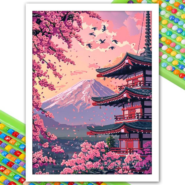 XUEQIXIAOZU Diamantmalerei Kirschblüten-Turm als DIY-Wandkunst für Erwachsene - Bild 1