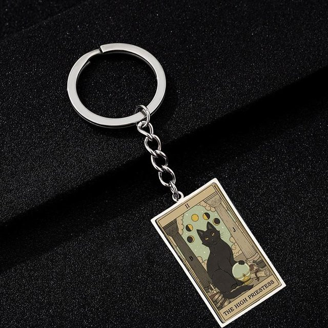 Schlüsselanhänger Katze Tarotkarten, Edelstahl, Schwarz, Unisex - Bild 1