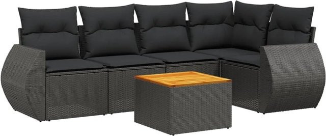 vidaXL 6-teilige Garten-Sofagarnitur aus Poly-Rattan und Akazienholz in Schwarz mit Kissen - Bild 1