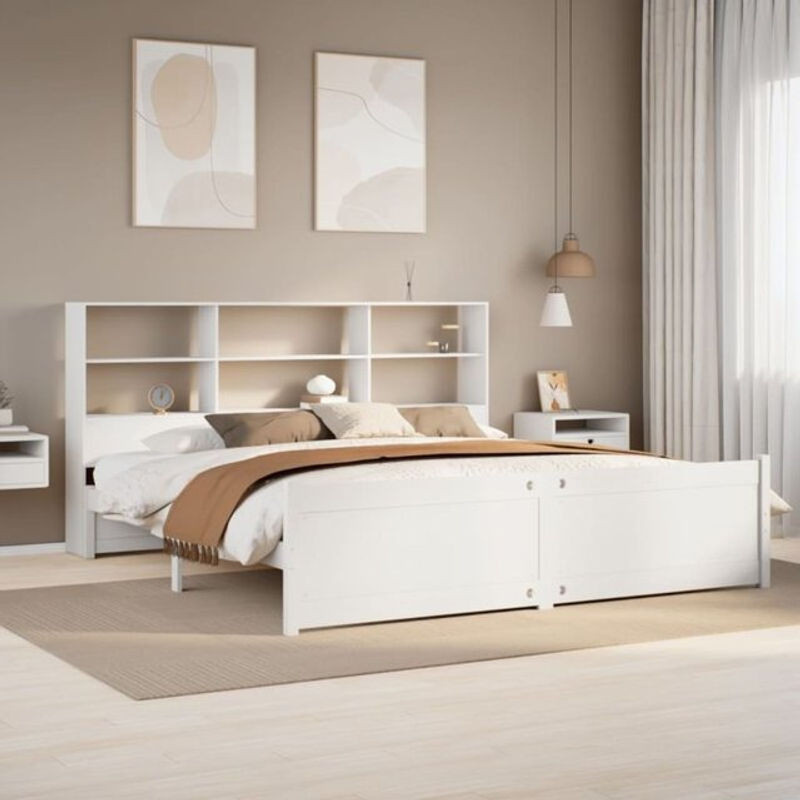Massivholzbett Vidaxl aus Kiefer mit Regal in Weiß, B/T/H: 180 x 200 x 110 cm - Bild 1
