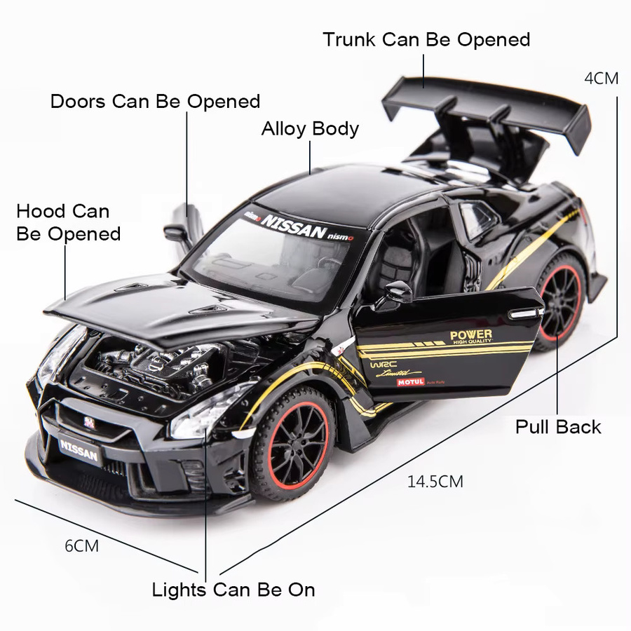 RMZ city GTR R35 R34 Sportwagen Modell, Maßstab 1:32, Metall, Gelb, Blau - Bild 2