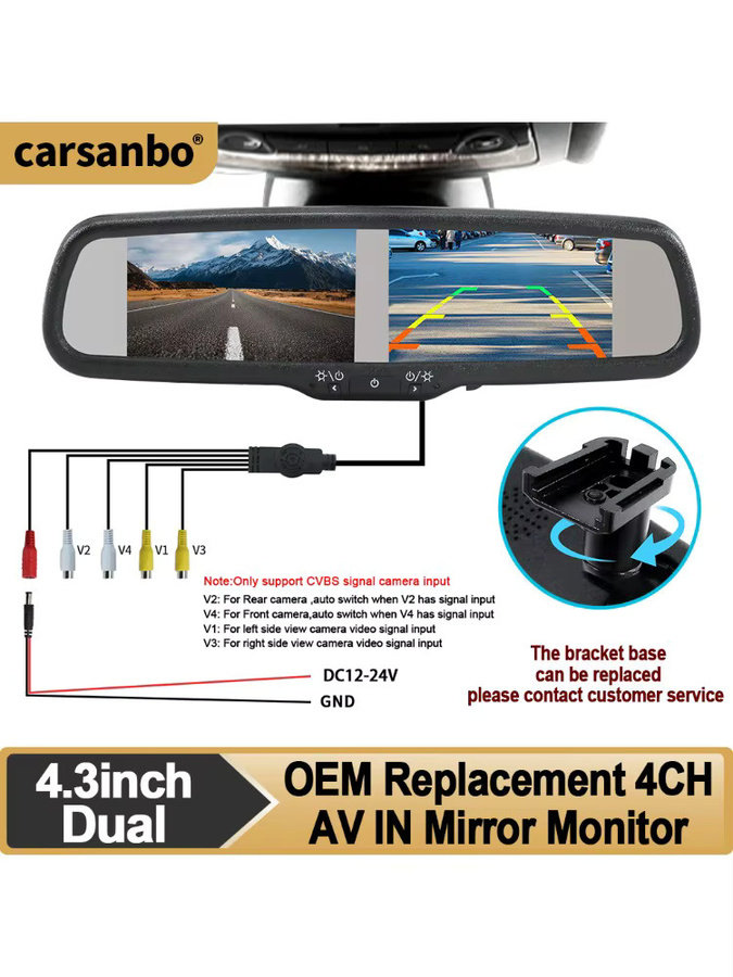 Carsanbo Auto-Rückspiegelmonitor mit 4,3 Zoll TFT LCD Doppelbildschirm, OEM NO.1 Halterung, CVBS Signal und 4CH RCA, Schwarz - Bild 5