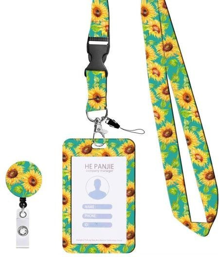 ZiQiDongLai Ausweishalter mit Umhängeband in Grün mit Sonnenblumen-Design aus Kunststoff - Bild 1