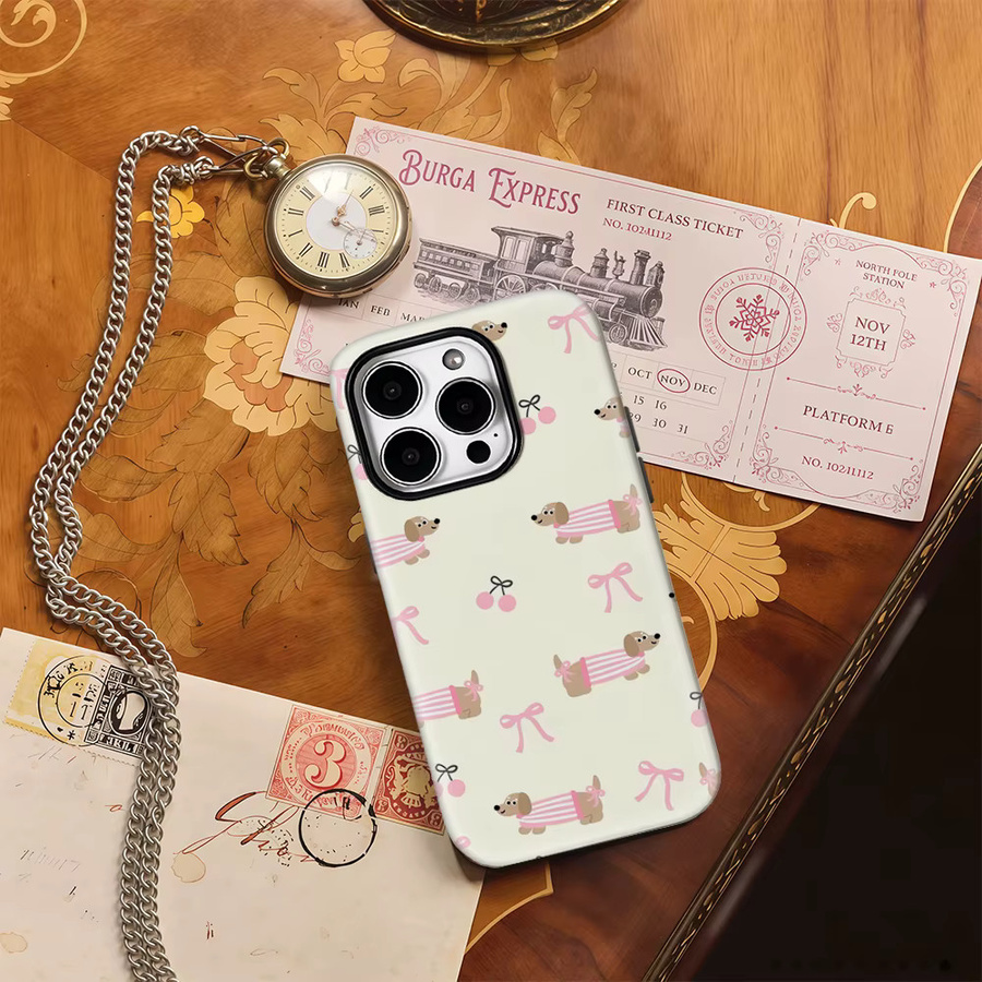 Potdemiel Handyhülle mit Dachshund-Kirschblüten-Kunstdesign für iPhone 11 bis iPhone 18 Pro Max Plus, Doppelschicht-Schutz, Mehrfarbig - Bild 2