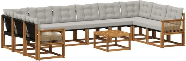 vidaXL Outdoor-Sofagarnitur in L-Form aus Massivholz Akazie mit Textilene-Stoff und Kissen, Hellgrau/Natur - Bild 1