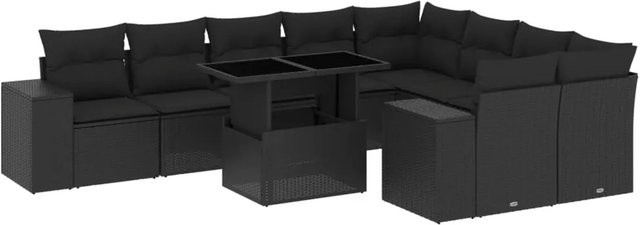 vidaXL 10-tlg. Garten-Sofagarnitur in L-Form aus schwarzem Poly-Rattan mit UV-beständigen Kissen und pulverbeschichtetem Stahlgestell - Bild 1